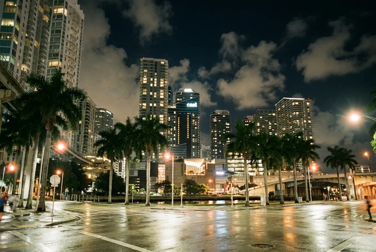 Brickell tower blocks at night seen from a street corner, lit office floors stacked above a wet road and a row of palms