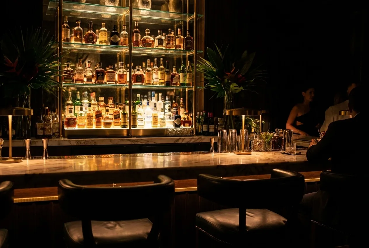 The lit back bar of a dark Miami cocktail room late in the evening, bottles ranged on glass shelves above a marble counter and two empty stools