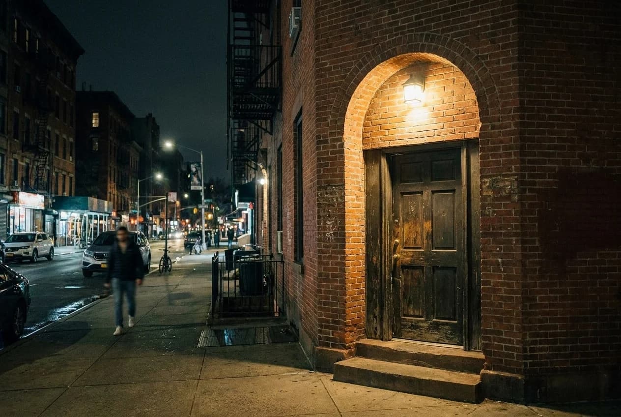 Brick basement club entrance on Avenue A in Alphabet City at night with single exterior light