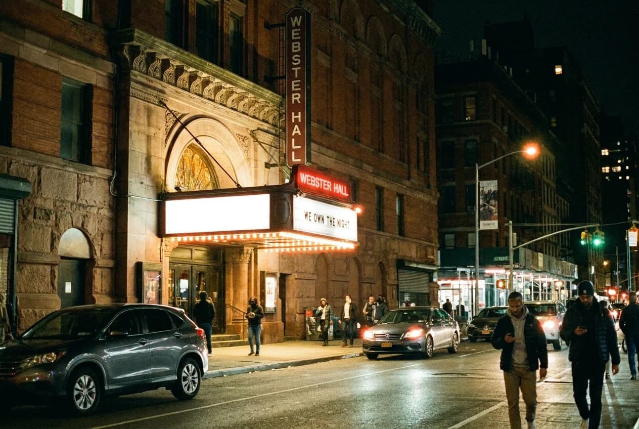 Webster Hall illuminated marquee and arched entrance on East 11th Street in the East Village at night