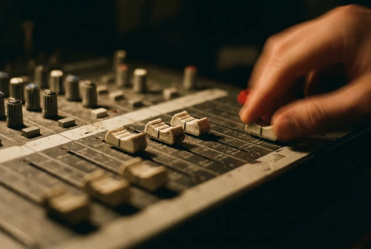 The faders and knobs of a mixing desk photographed close in low light, one hand blurred at the edge of frame