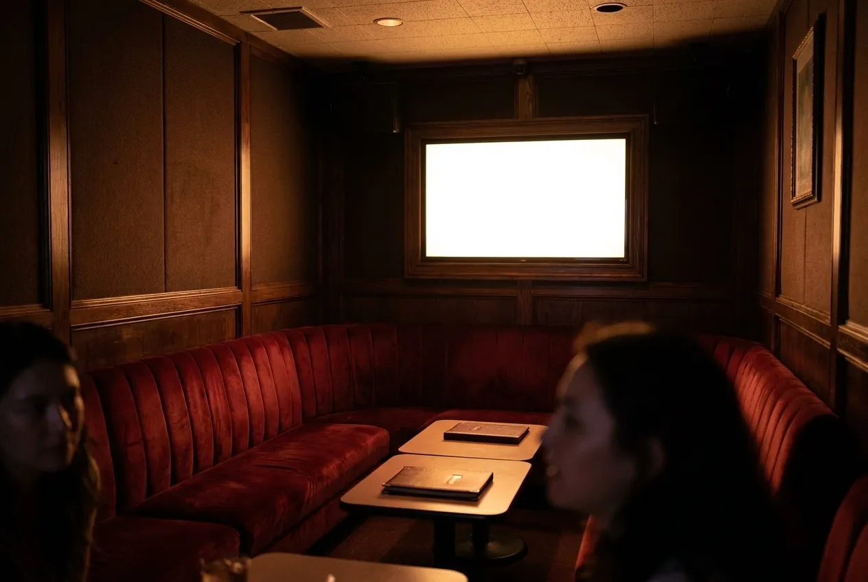 A private karaoke room with padded bench seating and a screen on the wall