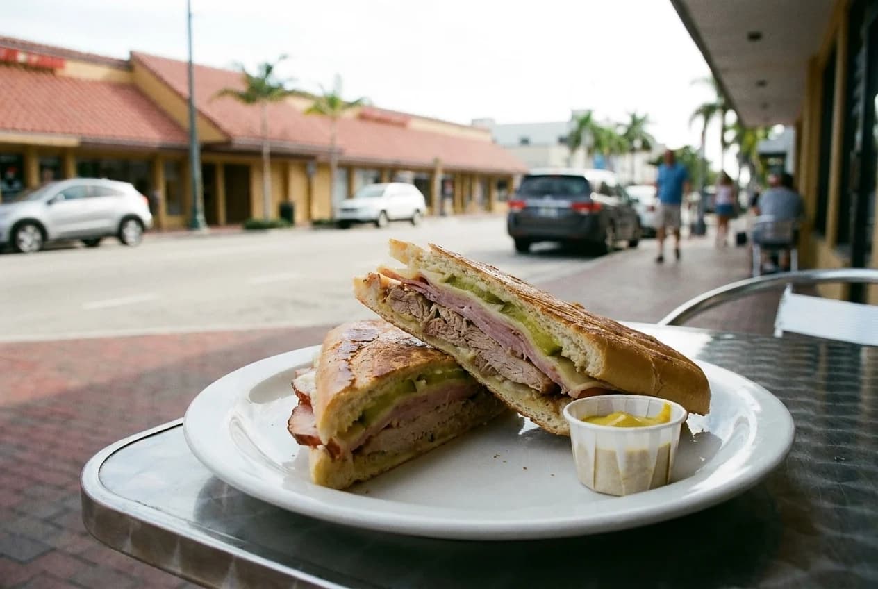 Cuban sandwich on white plate with mustard in Little Havana restaurant