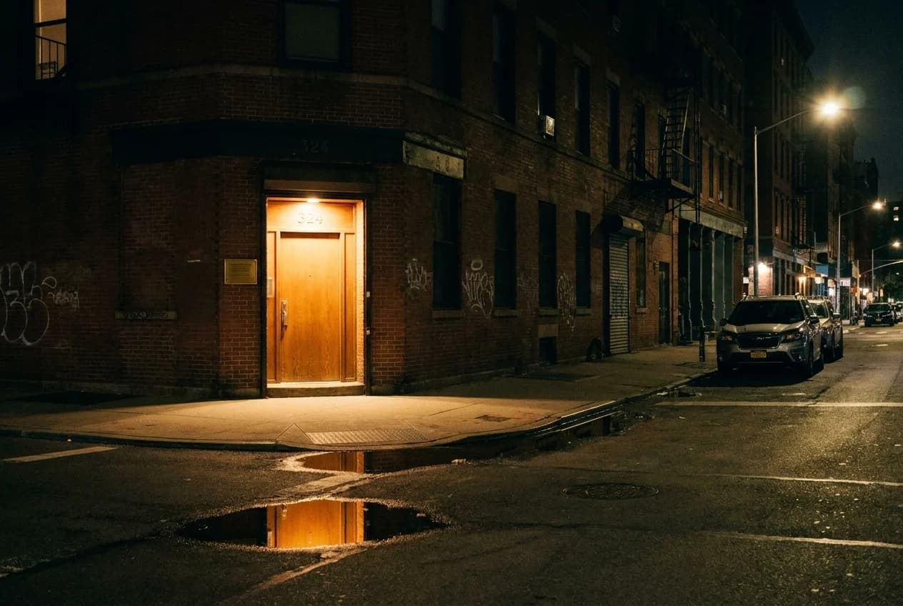 Unmarked entrance to Virgo nightclub on Grand Street at night, brick wall and single door
