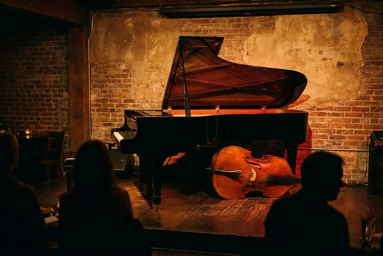 A small jazz stage with a grand piano and a double bass under low warm lighting