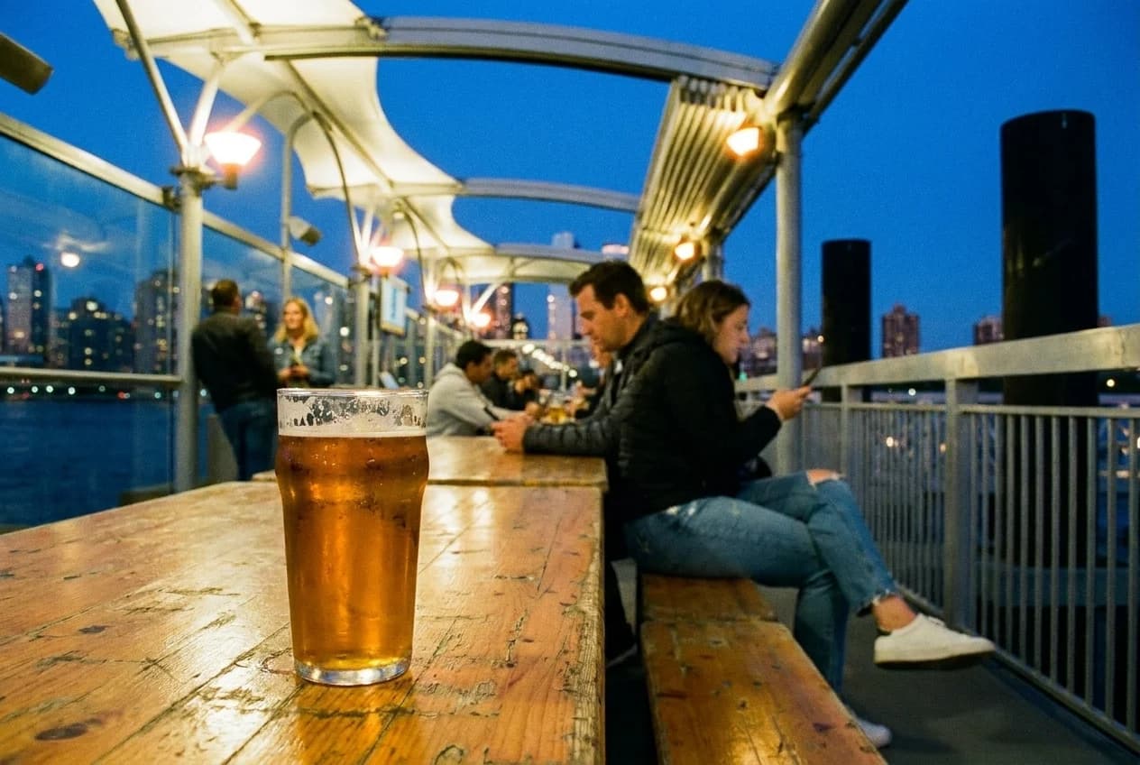 Wood-fired pizza and beer on bar top in Williamsburg dive bar