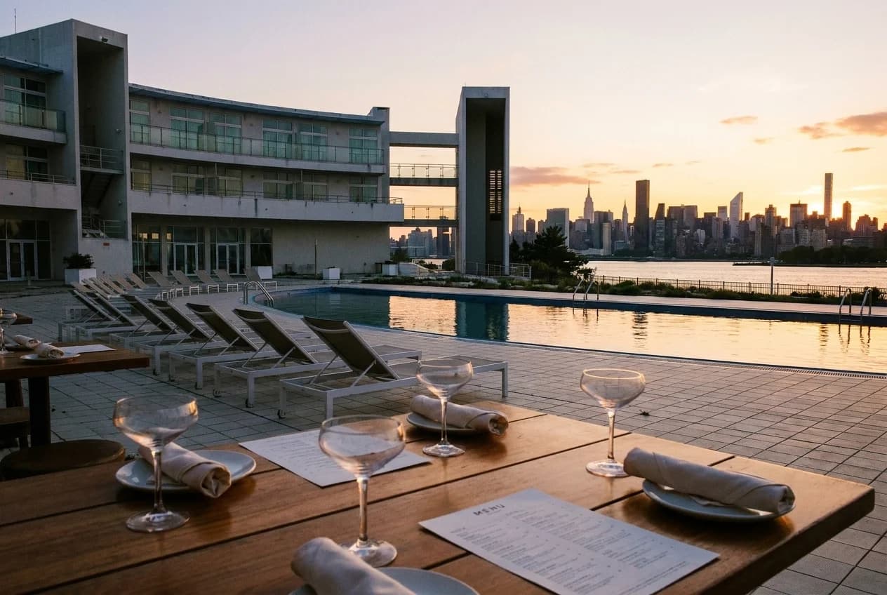Rooftop pool deck with Manhattan skyline view in Williamsburg