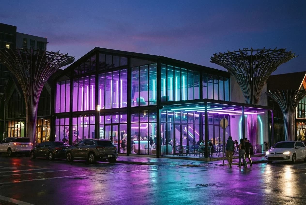 Wynwood nightclub exterior with neon lighting and outdoor patio at dusk