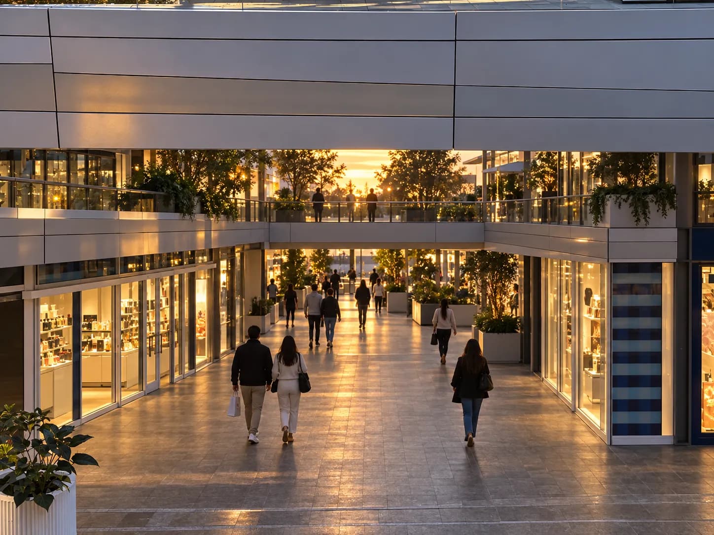 Open-air shopping development with a sculptural louvered canopy spanning between glass-fronted retail levels and walkways crossing overhead