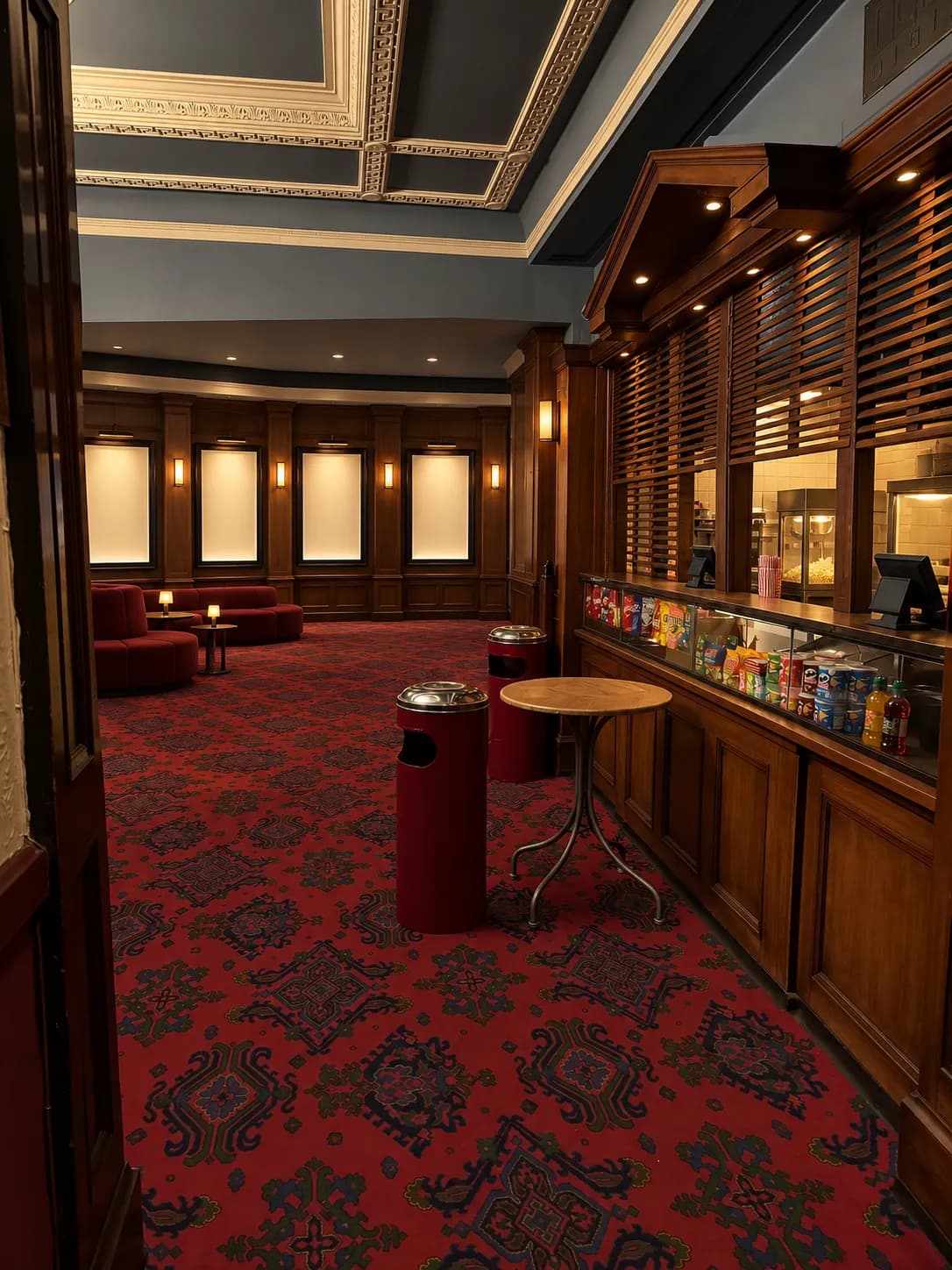 Modern cinema lobby with a long concession counter, dark carpet, backlit wall panels and blank illuminated poster frames