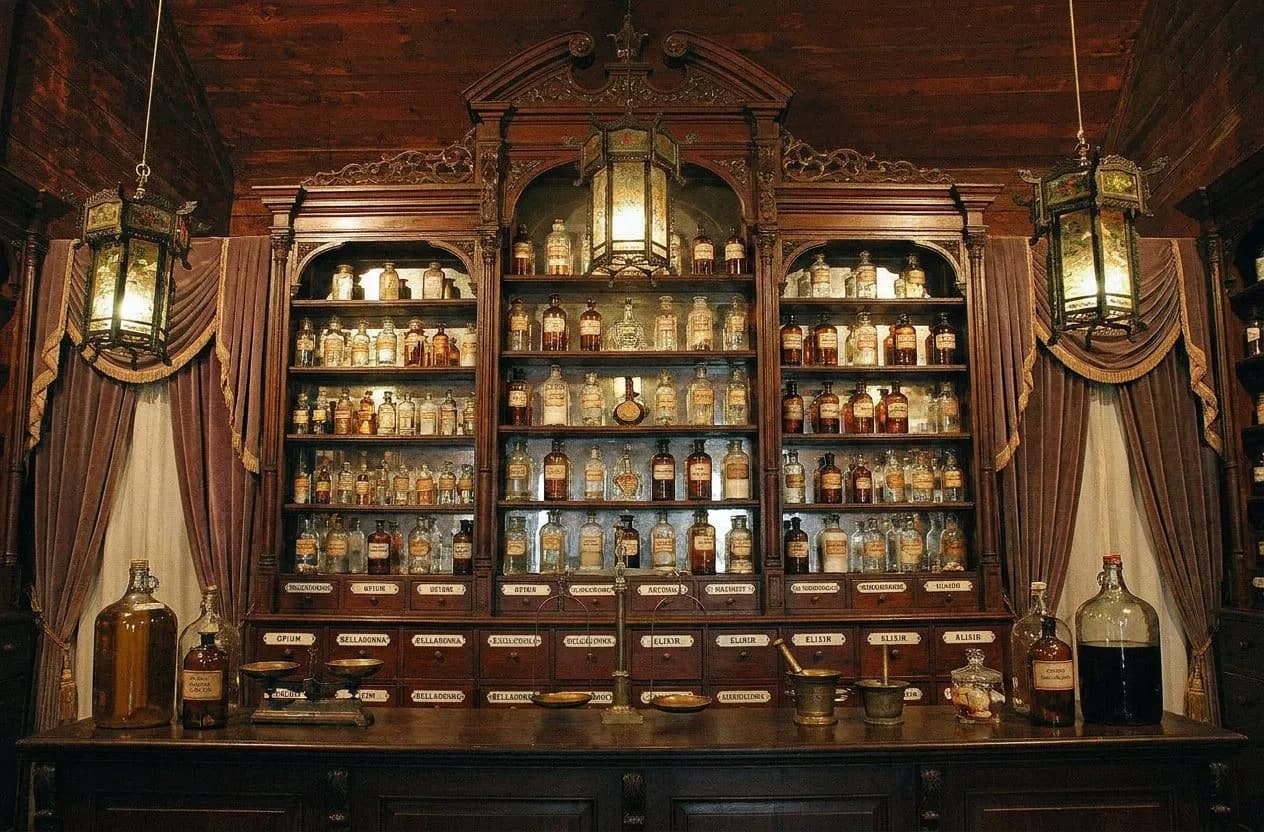 c.o. bigelow apothecary's vintage pharmacy cases when the village morning regulars pick up prescriptions