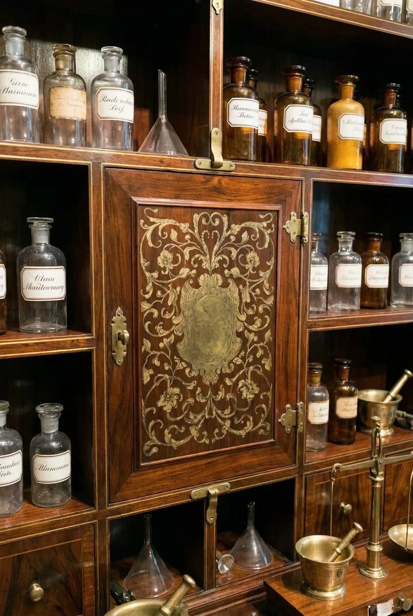c.o. bigelow apothecary's vintage pharmacy cases when the village morning regulars pick up prescriptions