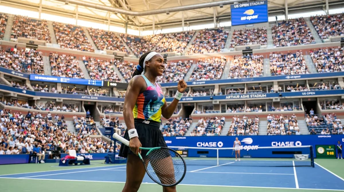 Photorealistic US Open tennis scene for Coco Gauff’s US Open Comeback Blueprint After Wimbledon 2026.