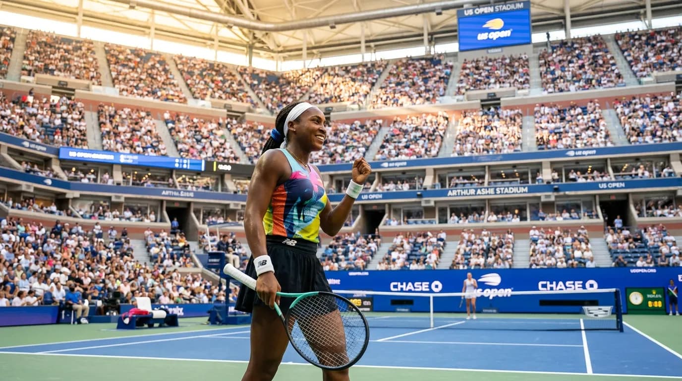 Photorealistic US Open tennis scene for Coco Gauff’s US Open Comeback Blueprint After Wimbledon 2026.