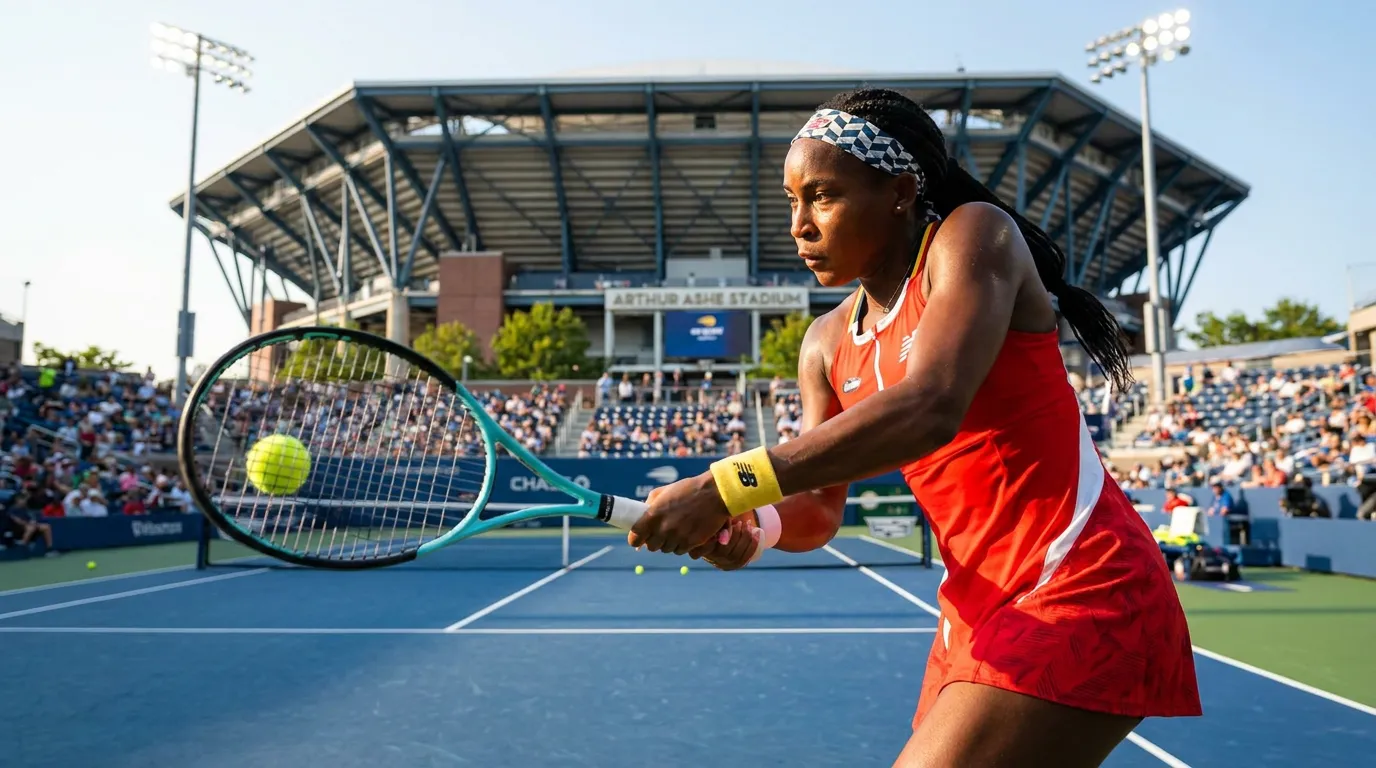 Photorealistic tennis scene illustrating Coco Gauff’s US Open Comeback Blueprint After Wimbledon 2026.
