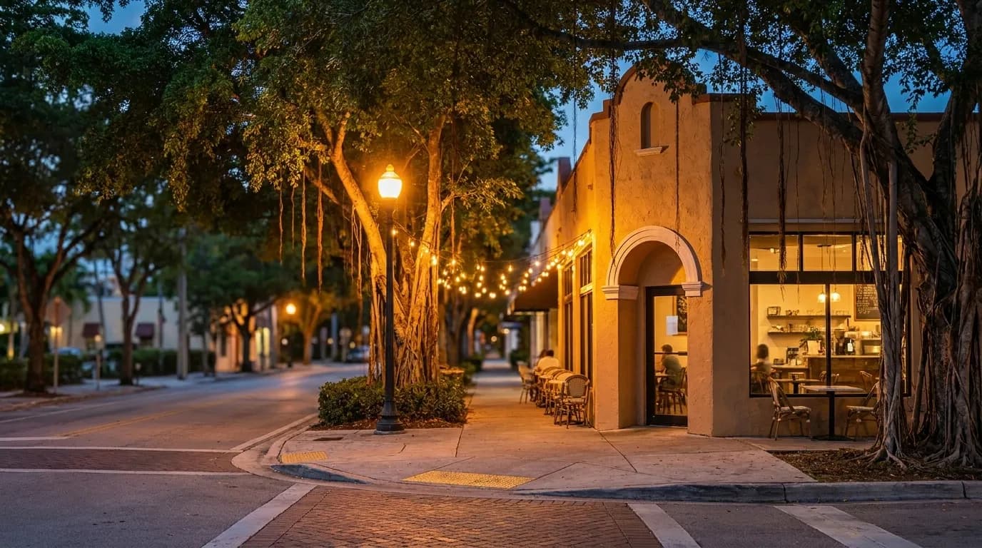 Tree-canopied street in Coconut Grove at dusk with café lights