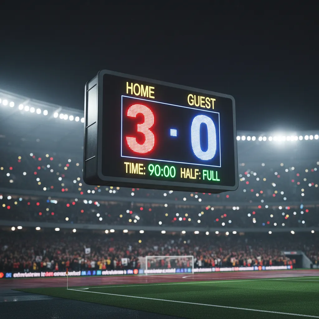 A stadium scoreboard displays goal tallies during a World Cup night match