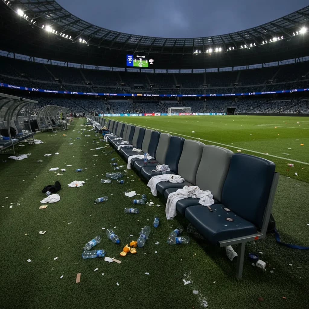An empty team bench with scattered water bottles and towels after a World Cup elimination