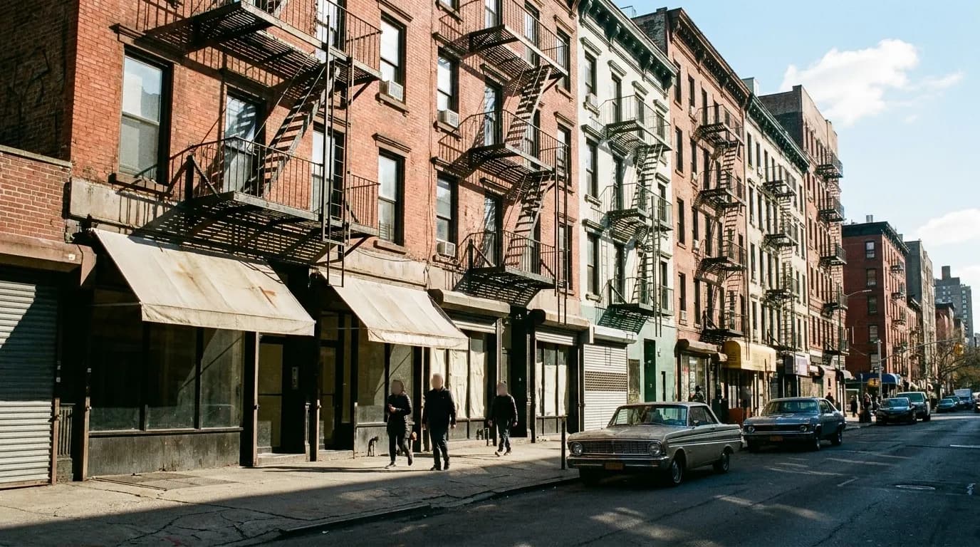 A low-rise East Village street of brick tenements with fire escapes and shopfront awnings in bright morning light