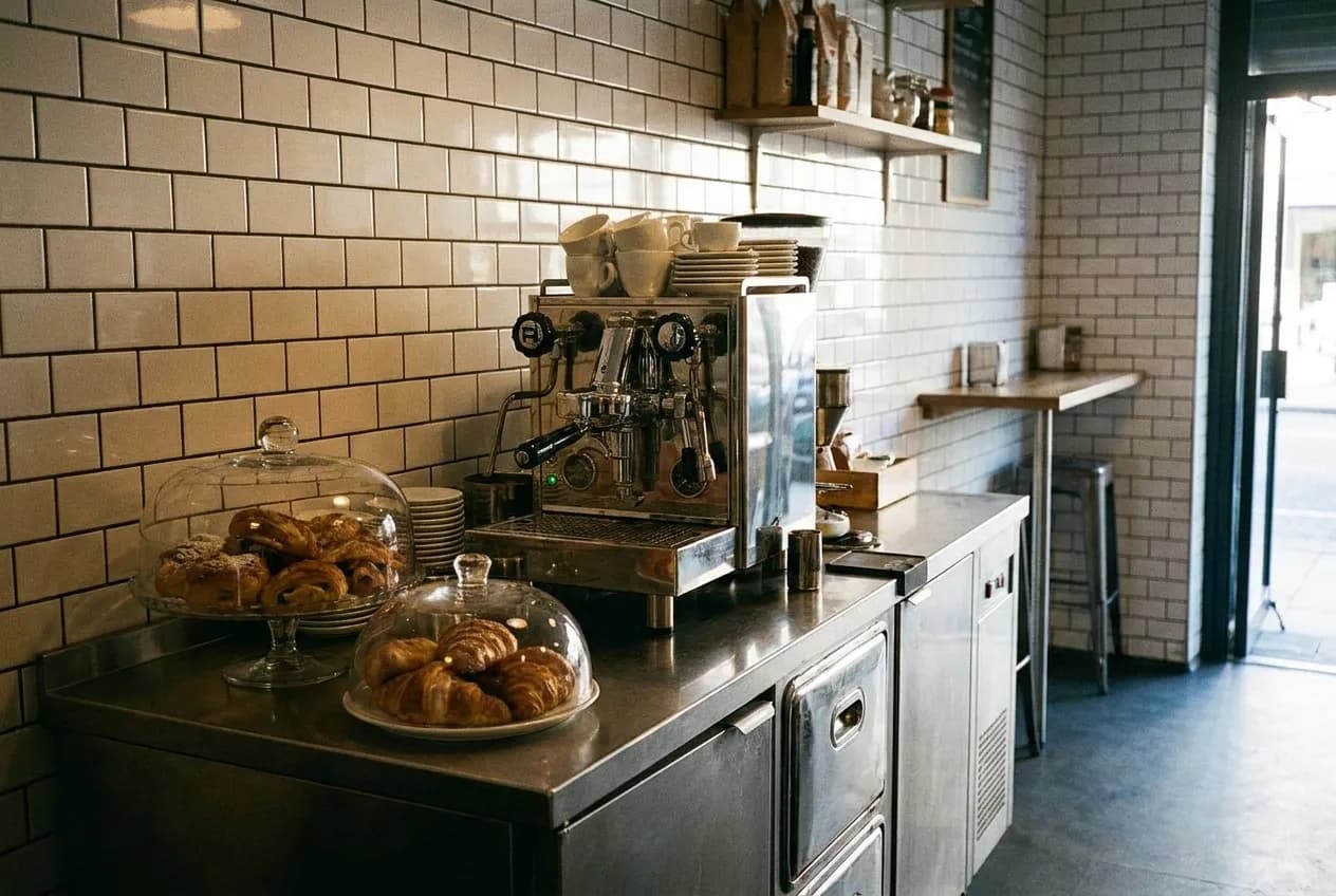 A narrow tiled espresso bar with a small counter, standing customers and pastries under a glass dome in a corner cafe