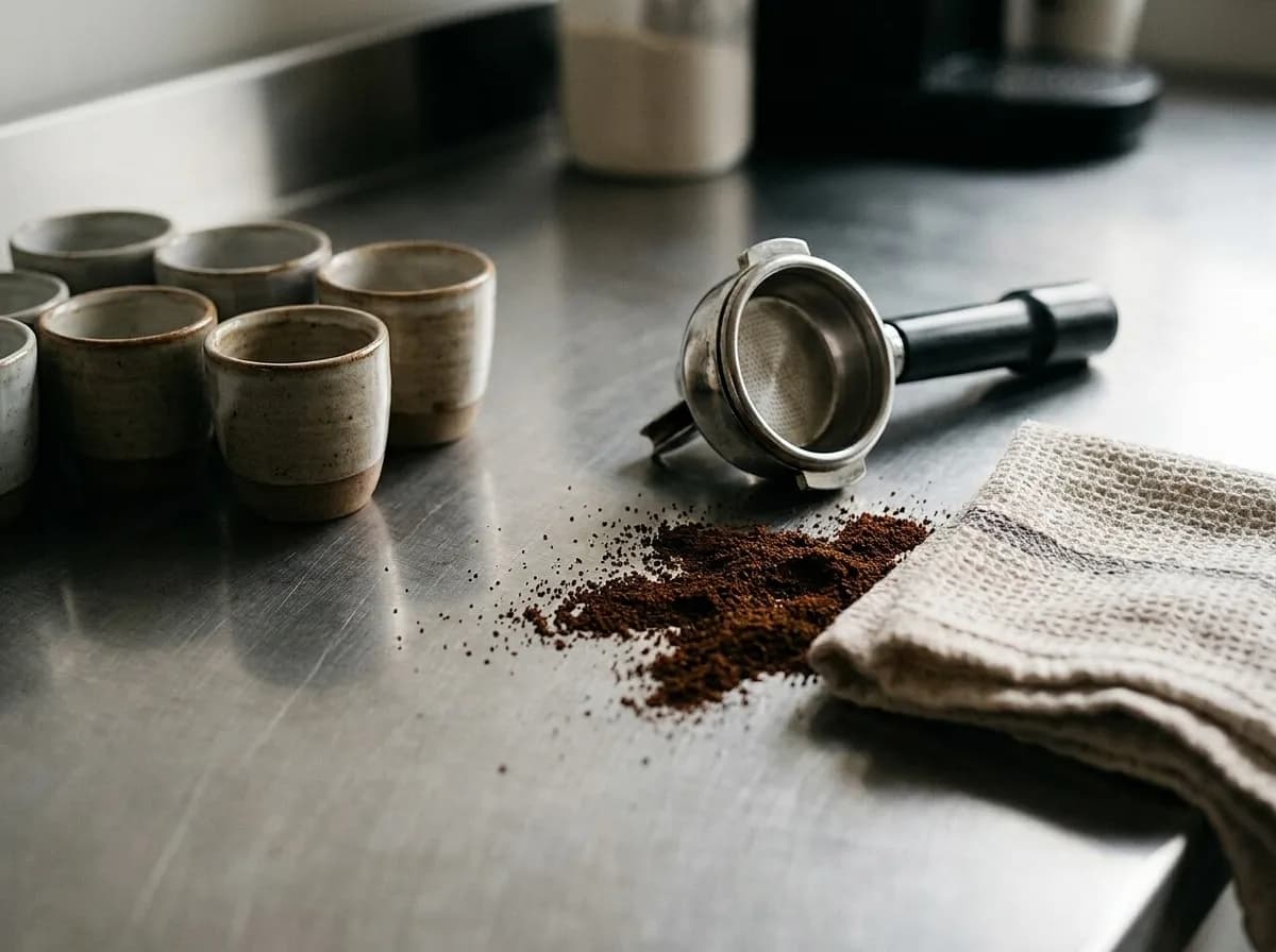 A row of ceramic cups and a portafilter resting on a stainless steel espresso counter in soft morning light