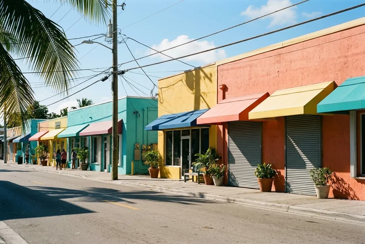 A low-rise Caribbean commercial street in Miami with painted storefronts, awnings and hard mid-morning sun