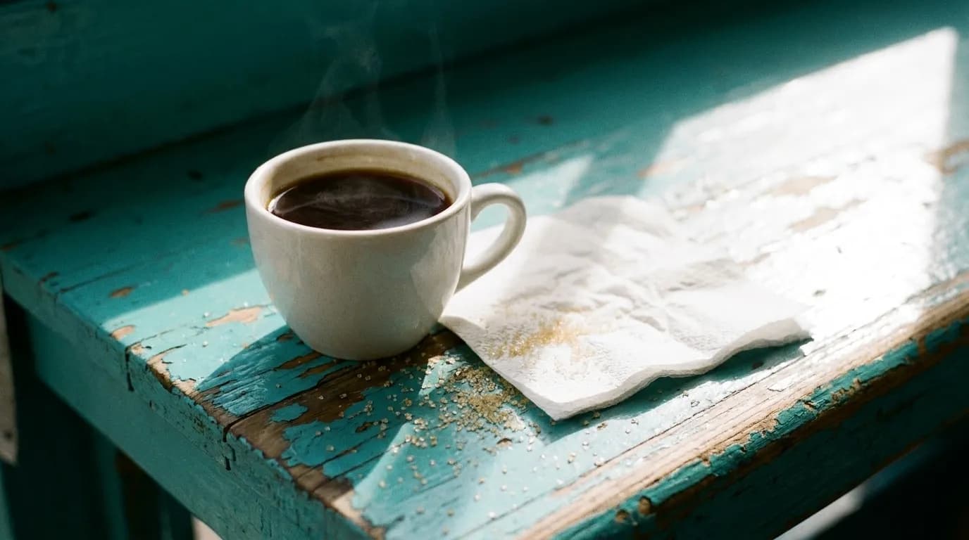 A small cup of dark coffee on a painted wooden counter beside a folded paper napkin in bright tropical daylight