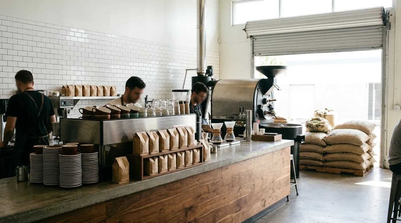 A Miami coffee roastery counter with a drum roaster behind it, stacked cups and hard daylight through an open roll-up door