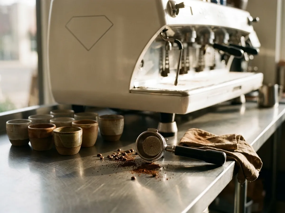 A stainless steel espresso counter with a row of small ceramic cups, a portafilter and scattered ground coffee in warm side light