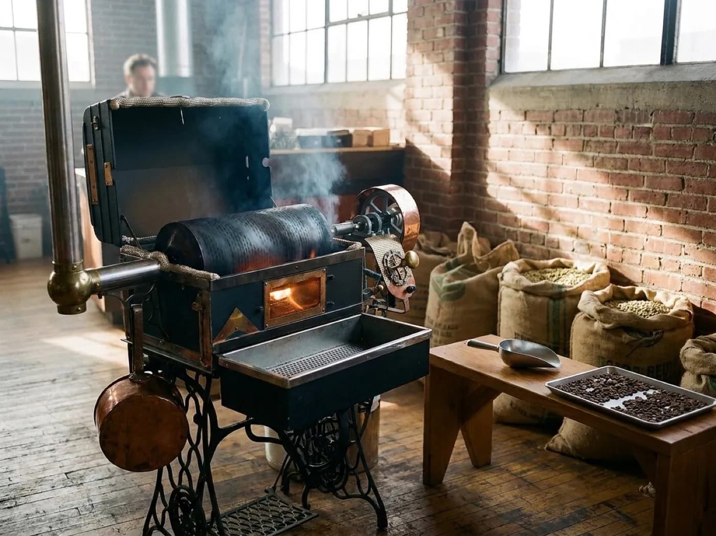 A drum coffee roaster in a warehouse space with sacks of green beans stacked beside it and morning light through high windows
