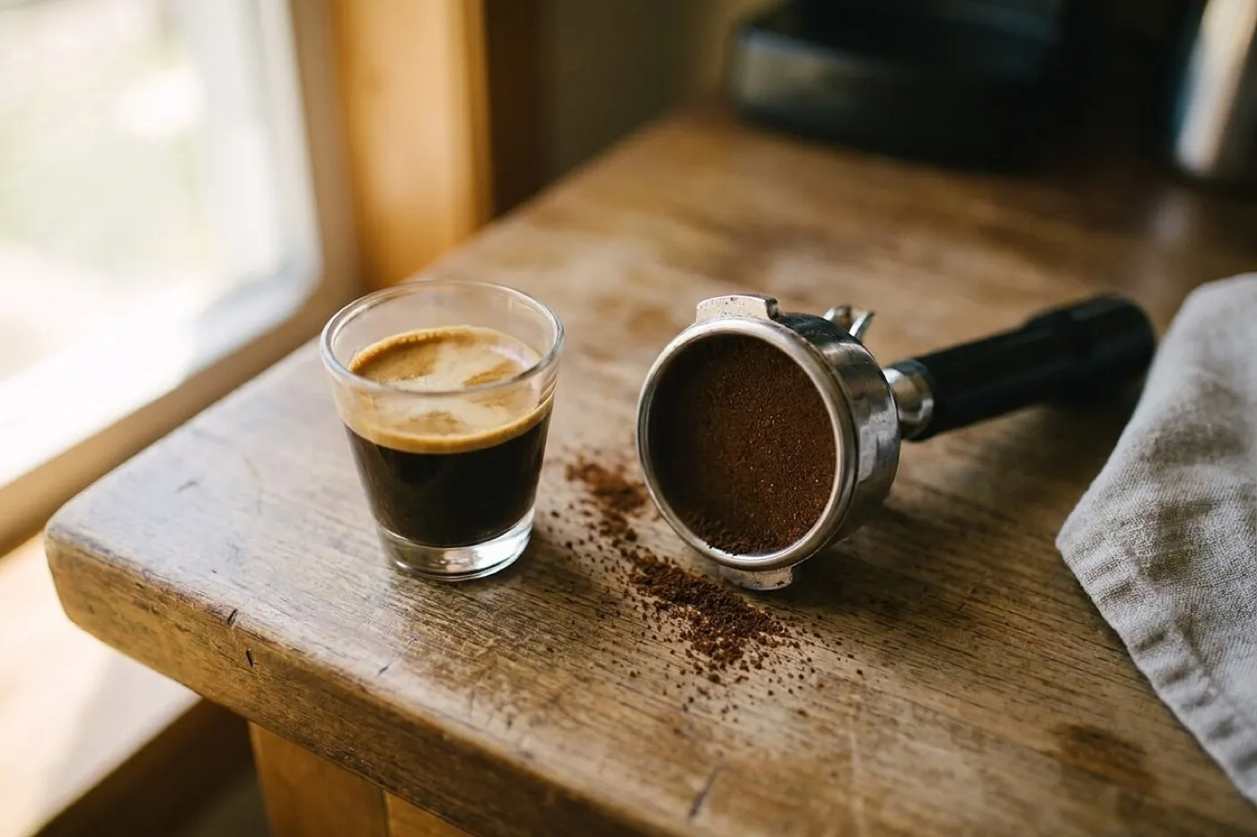 A cortado in a small glass on a wooden counter beside a portafilter and a scattering of ground coffee
