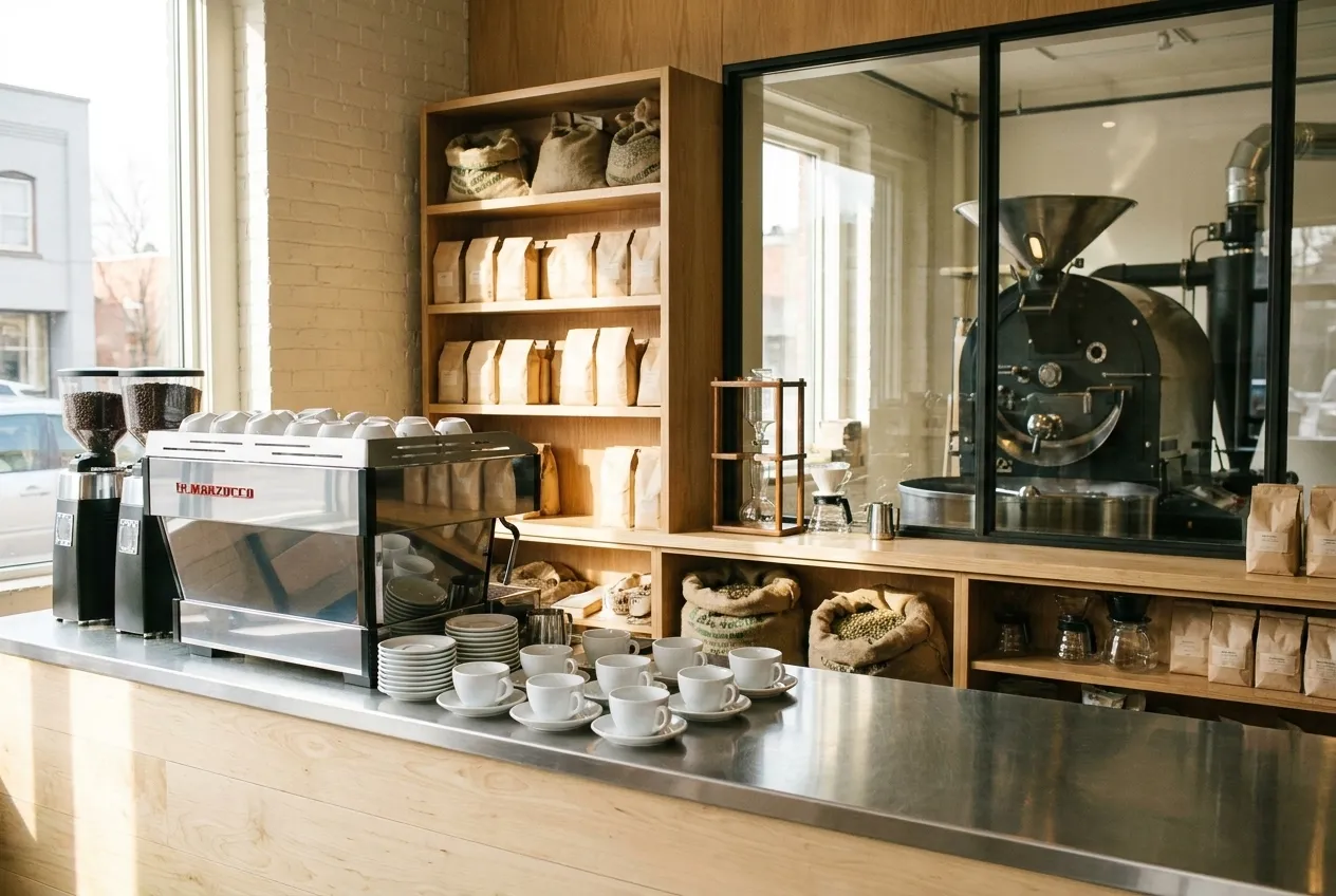 A specialty coffee roastery counter with an espresso machine, retail bags on shelves and a drum roaster behind glass