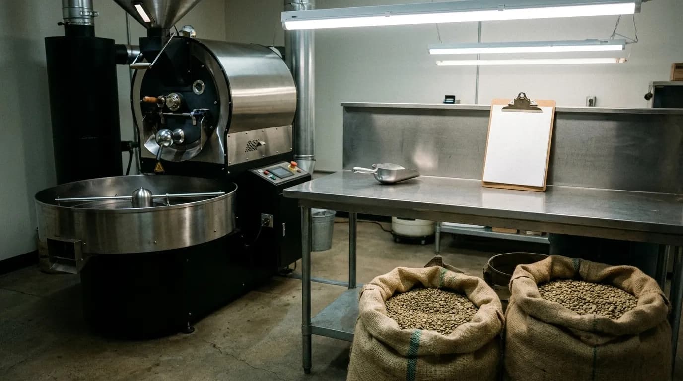 A stainless drum roaster and burlap sacks of green coffee beans in a small production room