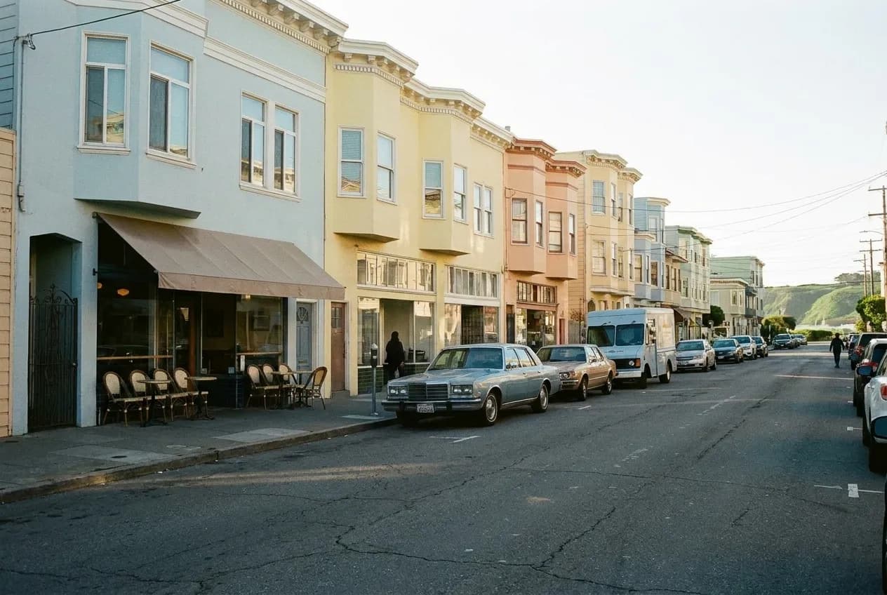 A flat pastel-fronted commercial street in the morning with cafe tables on the pavement and low sunlight down the road