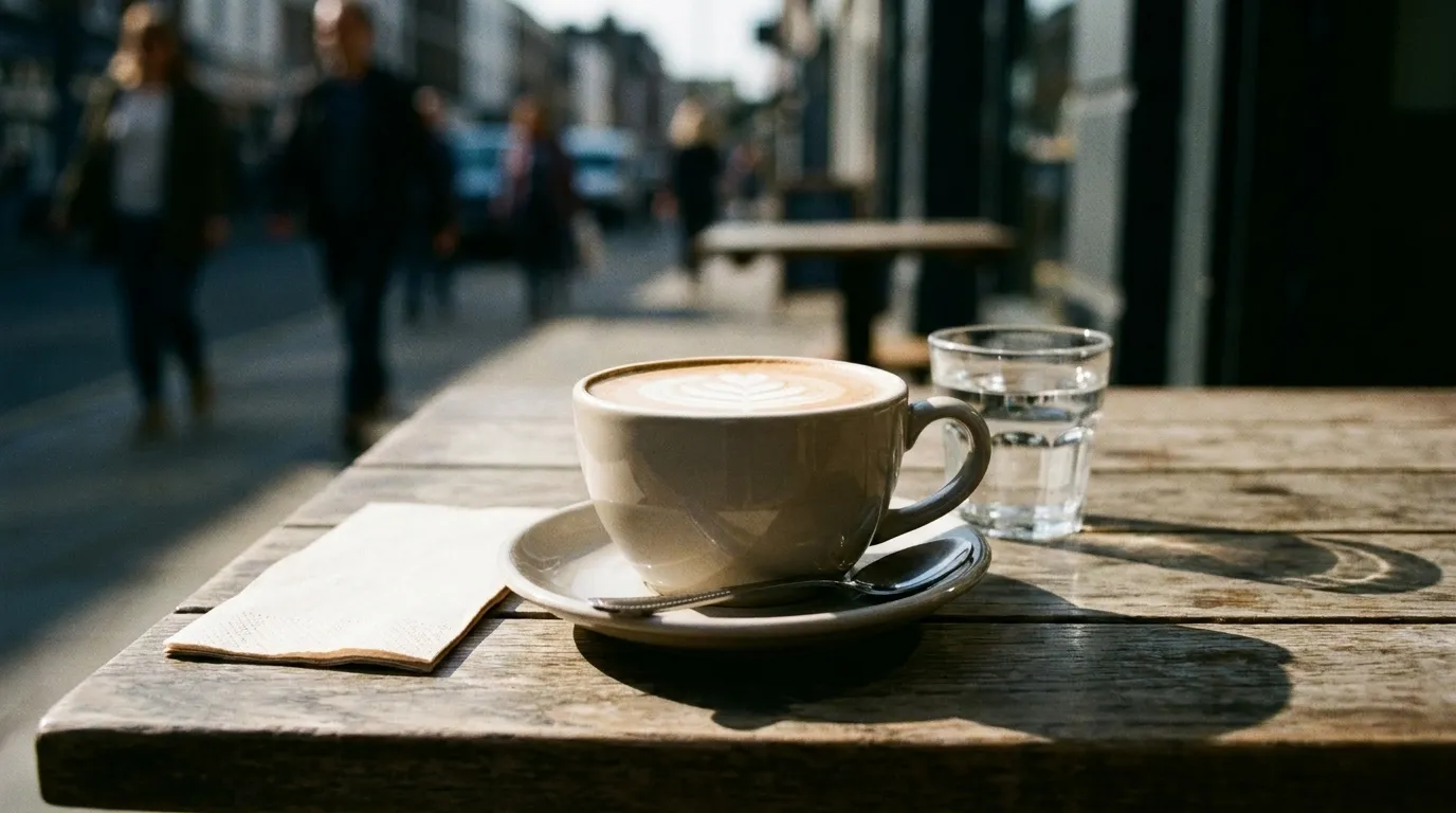 A flat white in a ceramic cup on an outdoor cafe table with morning light across the wood