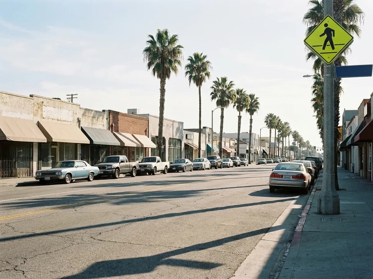 A wide low-rise beach-neighbourhood boulevard in early morning light with parked cars along the kerb and long shadows
