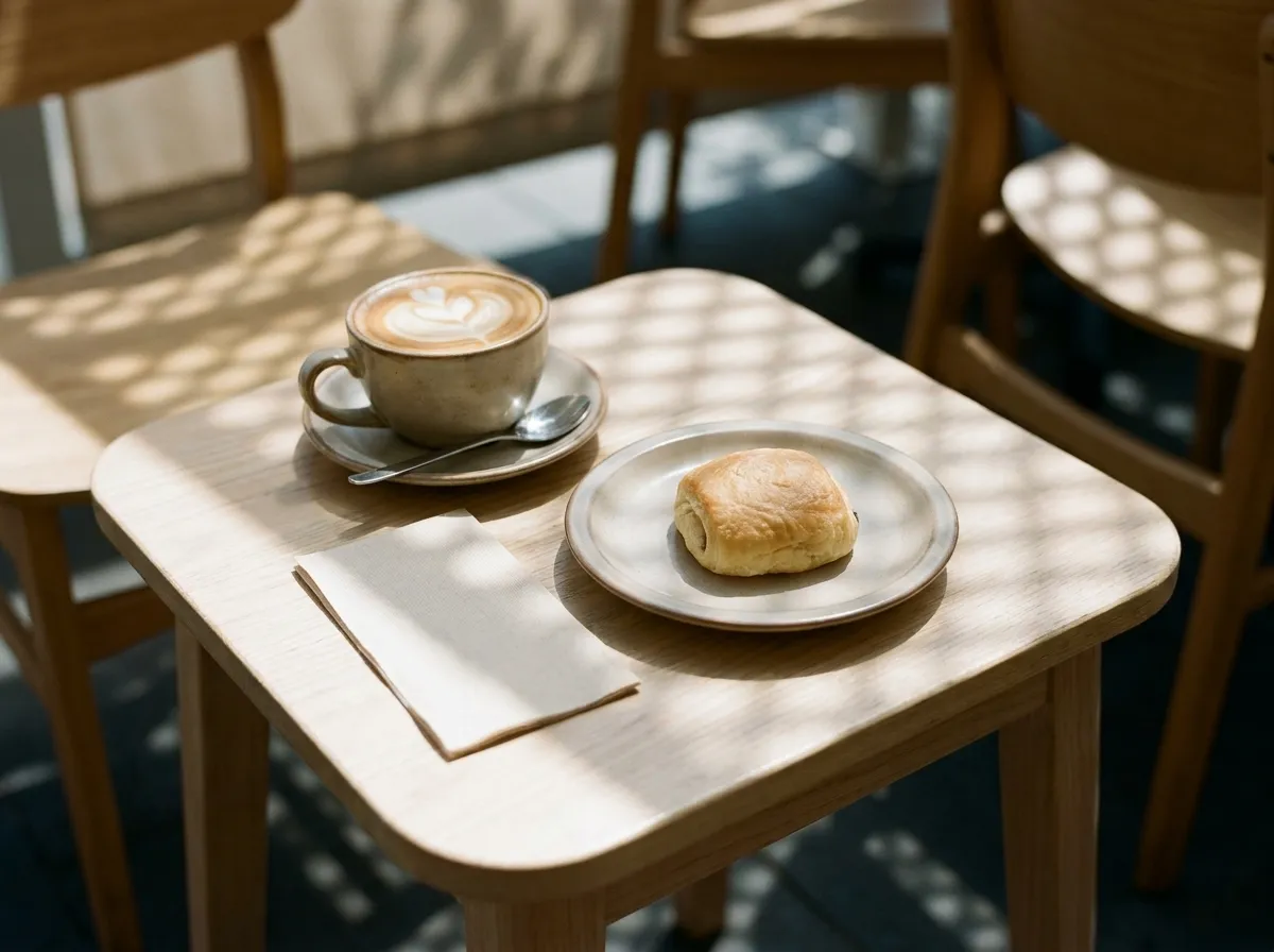 A flat white and a pastry on a small outdoor table beside a low wooden bench on a sunlit boulevard
