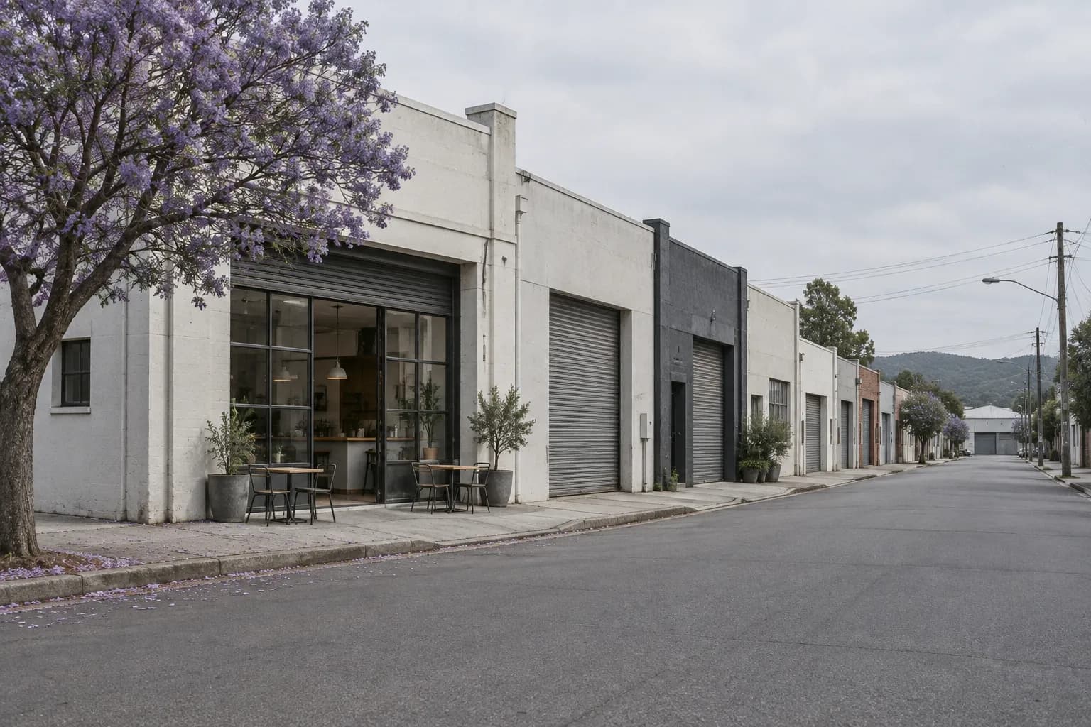 A quiet light-industrial side street in flat morning light, flat-fronted units and roller shutters, one with a glass frontage and small outdoor tables