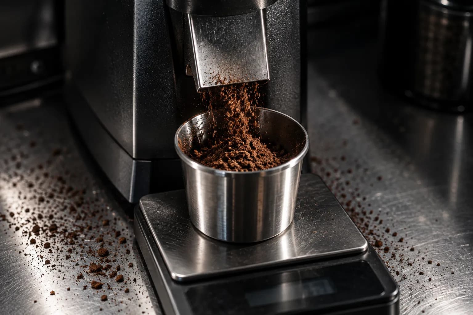 A steel grinder chute dosing ground coffee into a vessel on a flat digital scale, loose grounds scattered on a stainless counter