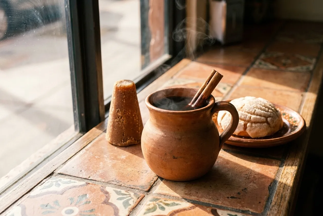 Coffee in a clay mug with a cinnamon stick on a tiled counter