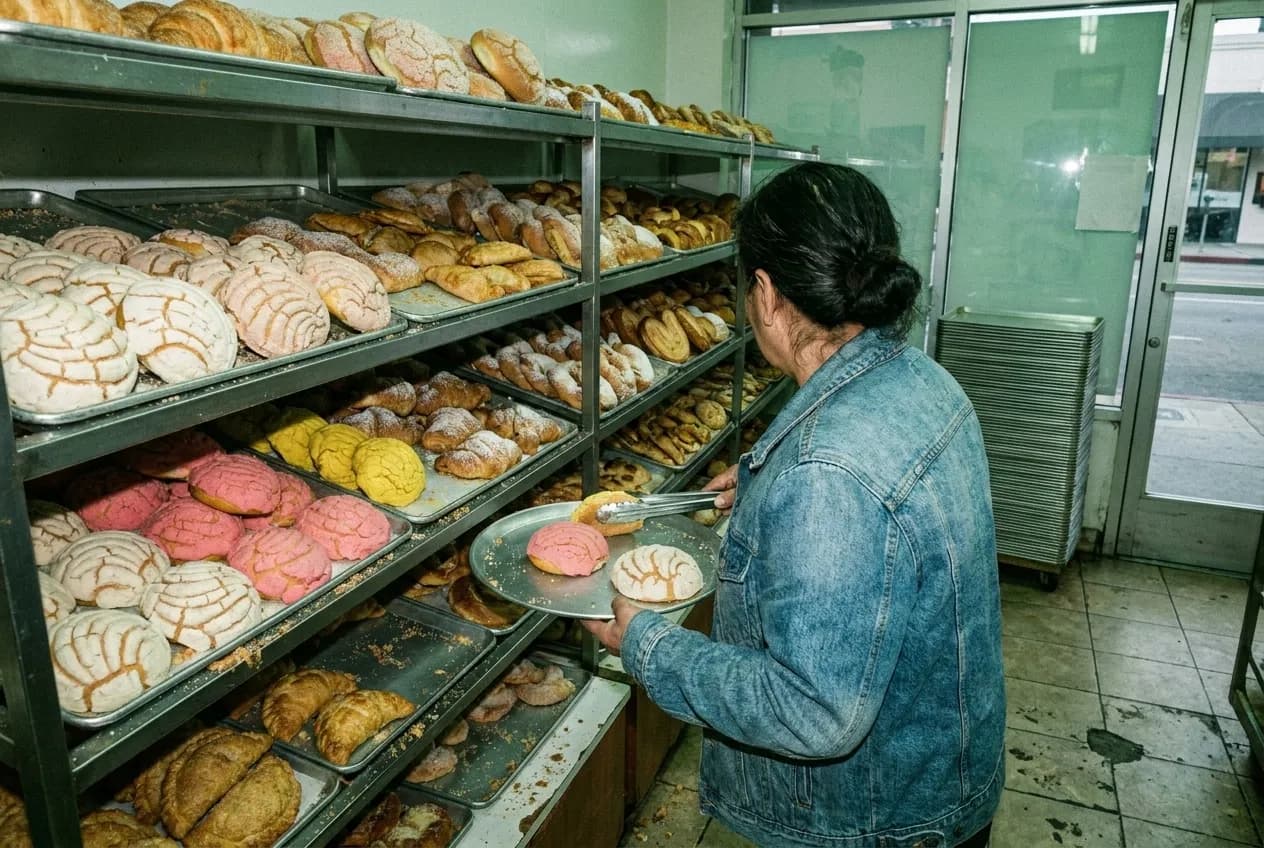 Trays of pan dulce on open bakery shelves with tongs