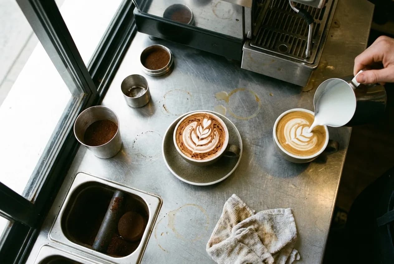 A barista finishing a latte on a café counter seen from above