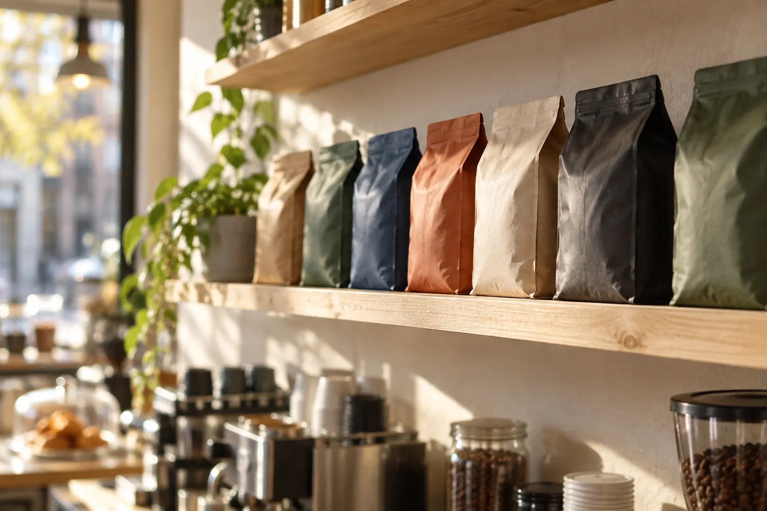 A pale wooden shelf holding a row of plain unbranded coffee bags in varied colours, a cafe counter out of focus below in raking afternoon light