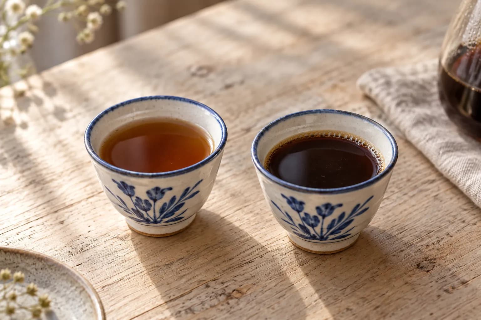 Two identical small ceramic cups side by side on a pale wooden table, one holding noticeably lighter amber coffee than the other