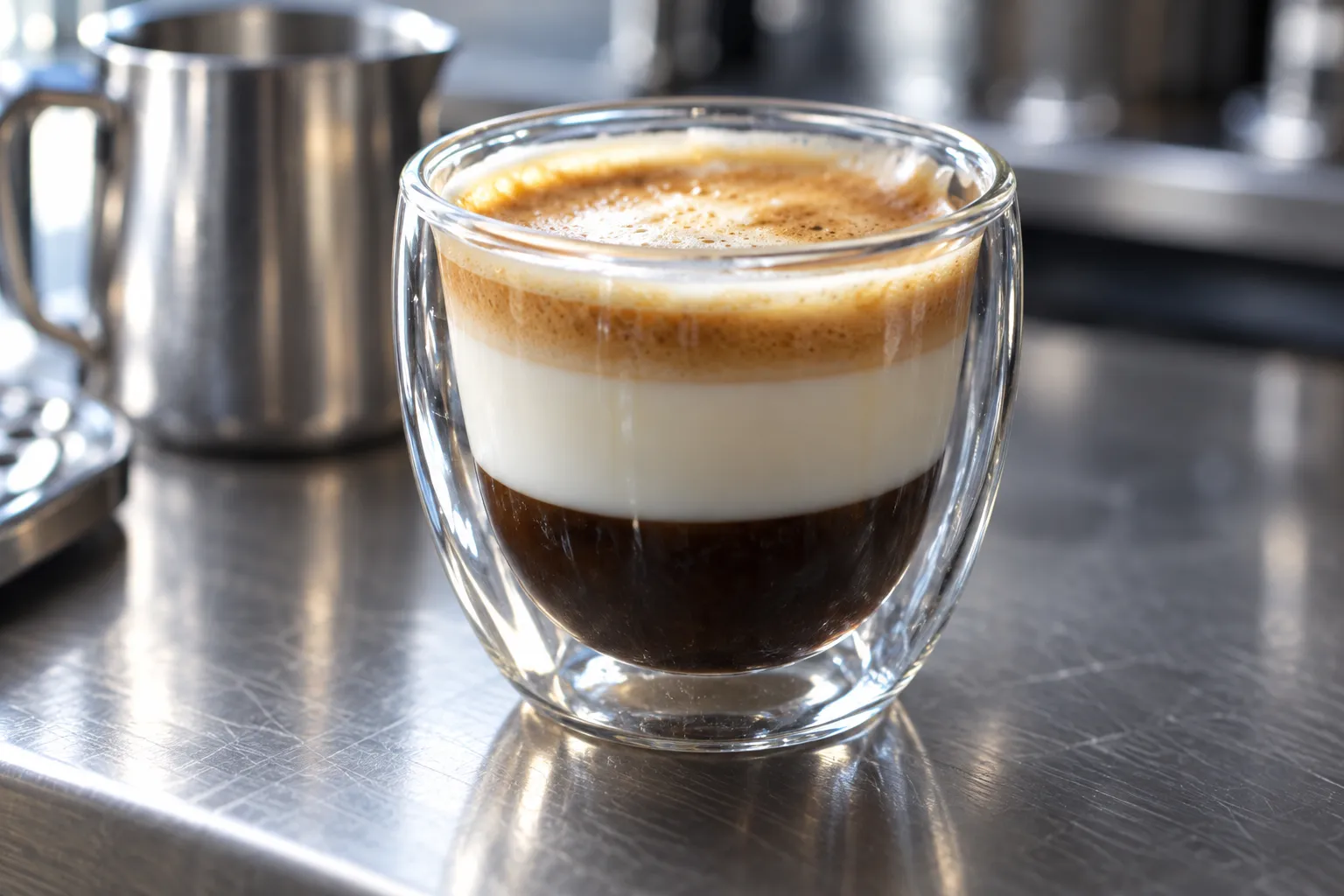 A small heavy-based glass holding a drink in three visible layers — dark syrup, pale milk and a thin espresso float — on a stainless counter