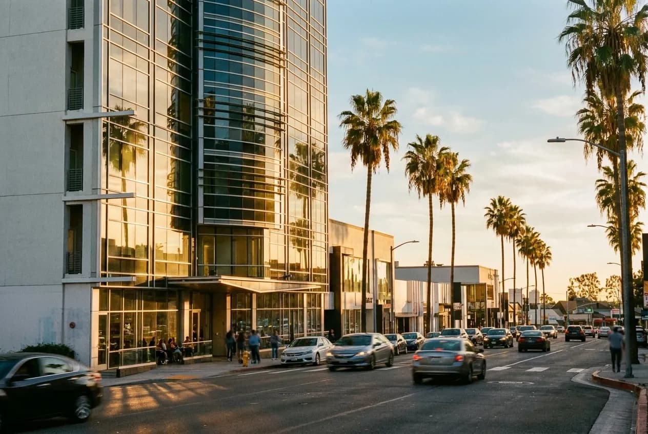 Afternoon traffic on a Los Angeles boulevard with cafes visible along the sidewalk