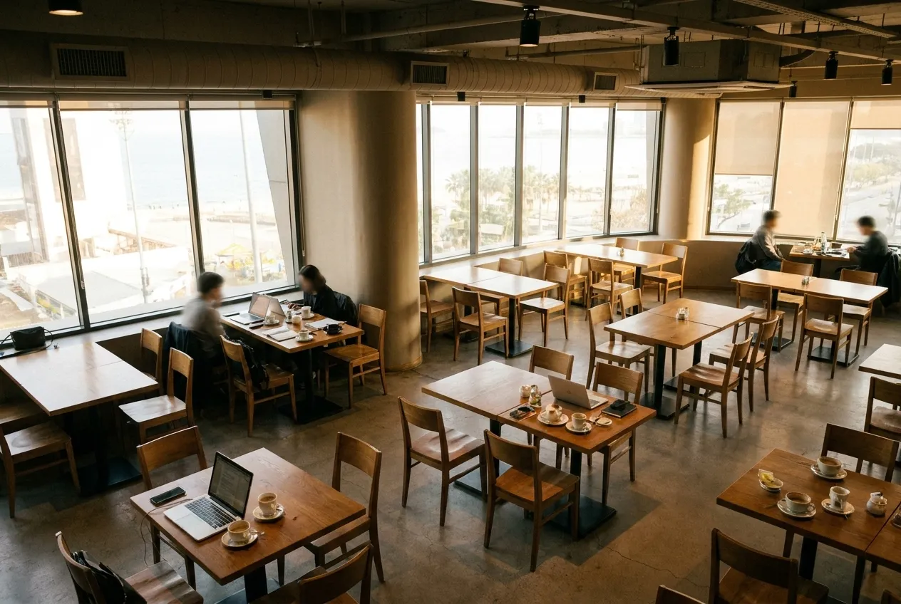 Overhead view of a Los Angeles coffee shop interior during the afternoon lull with scattered tables and natural light