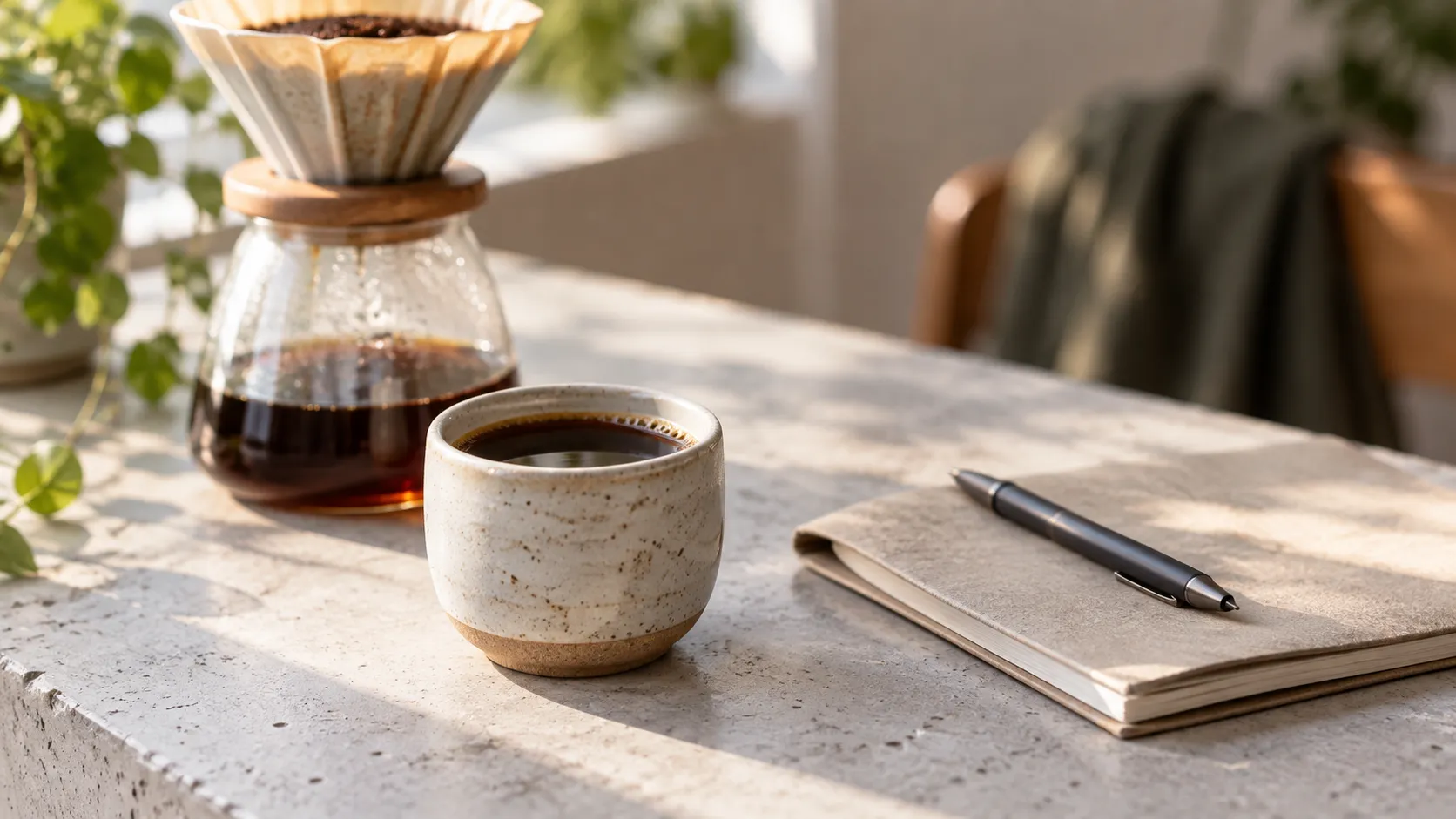 A single-origin pour-over in a small ceramic cup on a pale concrete counter beside a folded notebook and a pen