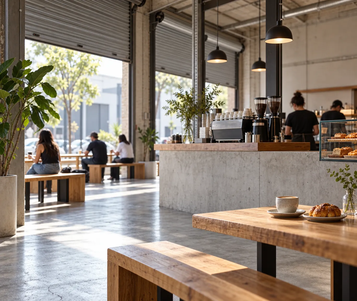 A minimal concrete-and-timber coffee bar in a converted industrial building with large roller-shutter windows and simple bench seating