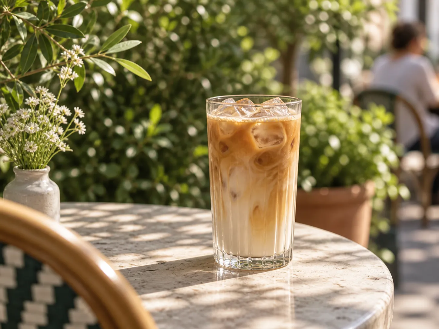 An iced latte in a tall glass on a small outdoor table with dappled sunlight and green planting behind it